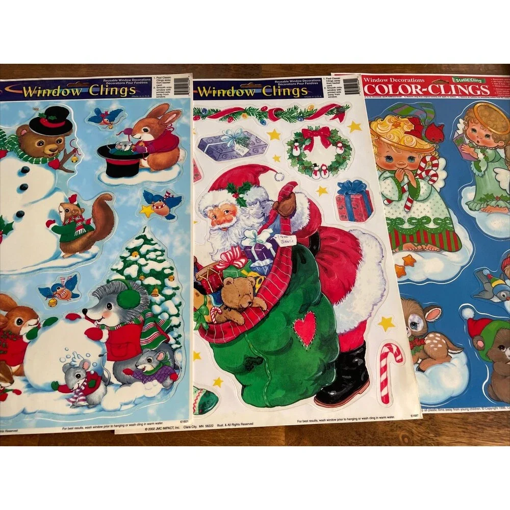 3 Christmas Vinyl Window Clings 2002 Santa Present Snowman Bunnies Bear Angel